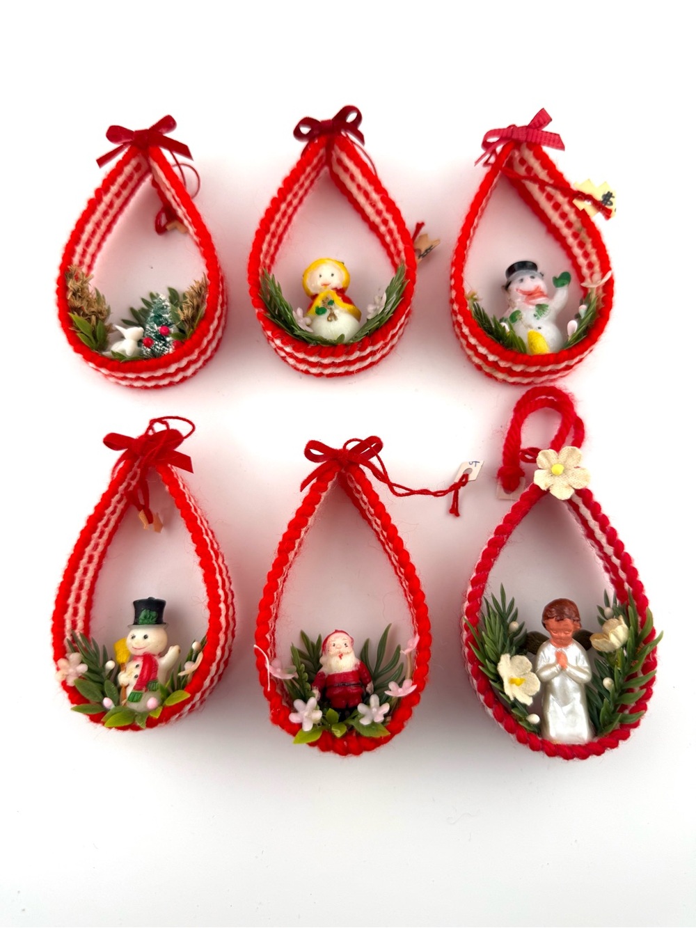 Vintage Red/White Ribbon Diorama Christmas Ornaments (Set of 6)